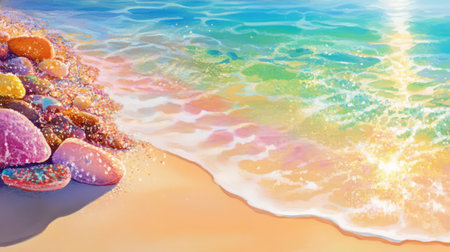 A stunning beach scene featuring colorful rocks along the shoreline, complemented by sparkling water and sunlight reflecting on gentle waves. Enjoy the serene atmosphere.の素材