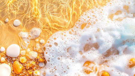 This image captures a tranquil moment on a golden beach, showcasing gentle ocean waves, vibrant bubbles, and smooth pebbles under warm sunlight.の素材