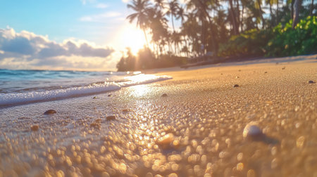 A stunning view of a tranquil beach at sunrise, showcasing gentle waves lapping against the shore. The glistening sand and palm trees create a serene atmosphere.の素材