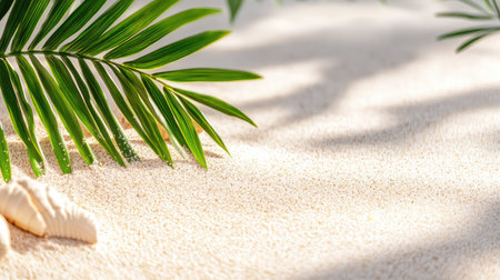 A beautiful beach scene showcasing soft sand, tropical leaves, and gentle sunlight casting shadows, creating a serene and relaxing atmosphere perfect for vacations.の素材