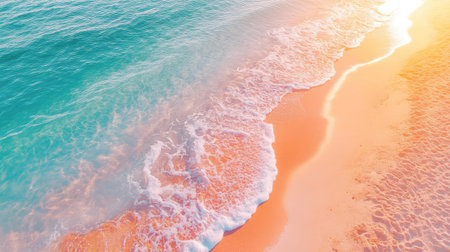 A breathtaking aerial view of gentle ocean waves meeting a sandy shore during a stunning sunset, capturing the perfect blend of vibrant colors and soft light reflections.の素材