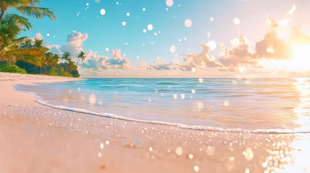 A beautiful tropical beach scene featuring gentle waves lapping at the shore, surrounded by palm trees and illuminated by a radiant sunrise.の素材