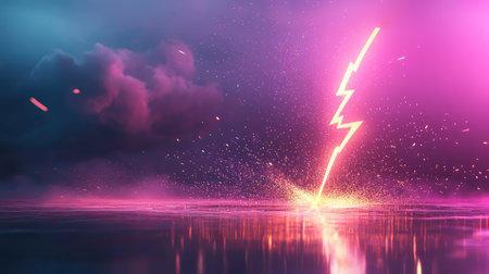 A stunning display of vibrant lightning striking over a reflective water surface, surrounded by dramatic clouds and colorful atmospheric effects, creating a captivating scene.の素材