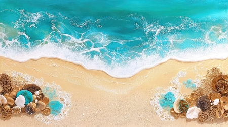 A serene beach scene featuring turquoise waters gently lapping against a sandy shore adorned with decorative seashells and coral elements. A perfect summer escape.の素材