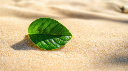 A vibrant green leaf rests on a sandy beach, illuminated by natural sunlight. This scene evokes a sense of tranquility and connection with nature.の素材