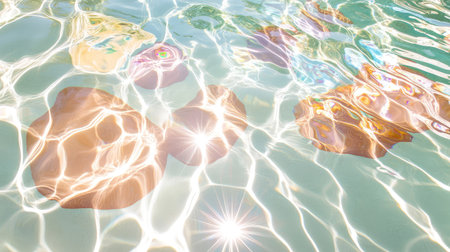 This serene image captures colorful stones partially submerged in clear water, reflecting sunlight. The gentle patterns create a peaceful and tranquil atmosphere, perfect for nature lovers.の素材