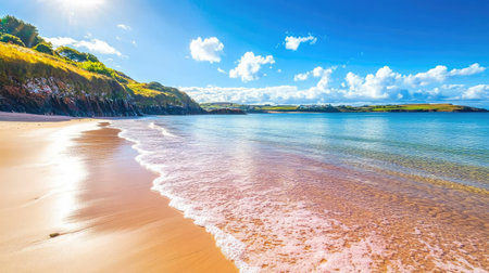 A breathtaking beach scene featuring gentle waves lapping against a pristine sandy shore, framed by lush greenery under a vibrant blue sky, perfect for vacation imagery.の素材
