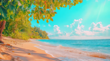A tranquil scene of a tropical beach featuring soft sand, gentle ocean waves, and lush green trees under a vibrant blue sky, perfect for relaxation.の素材