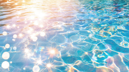 This image showcases a serene water surface illuminated by sunlight, creating sparkling reflections and delightful bokeh effects. Perfect for evoking tranquility.の素材
