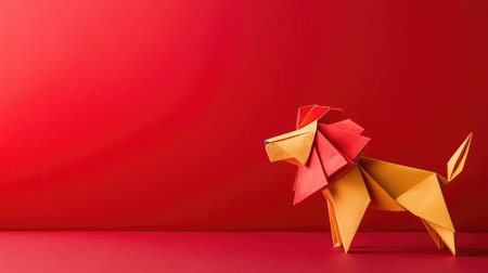A vibrant origami lion stands proudly against a striking red background, showcasing intricate folds and bright colors. This artistic design represents creativity and skill in paper art.の素材
