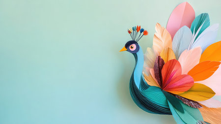 This vibrant paper peacock showcases intricate layers and colorful feathers, perfect for decorative use. Ideal for creative projects or art displays.の素材