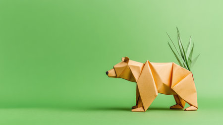 This origami bear, crafted from paper, stands proudly against a vibrant green background, embodying creativity and nature. Ideal for artistic projects.の素材