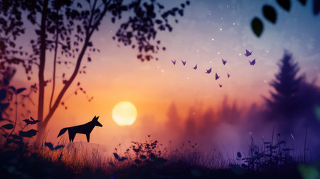 A stunning twilight scene featuring a silhouette of a wolf against a vibrant, colorful sunset, complemented by flying birds and a tranquil forest backdrop.の素材
