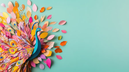 A stunning depiction of a peacock made from layered paper in a multitude of vibrant colors, surrounded by a variety of playful leaves, on a serene blue backdrop.の素材