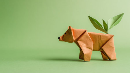This charming origami bear sculpture showcases creativity with its eco-friendly design and playful expression against a soothing green backdrop.の素材