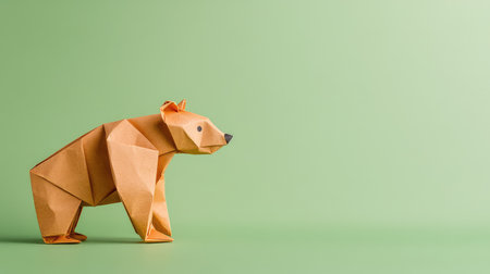 This image features a beautifully crafted origami bear made from warm orange paper, set against a soft green background, showcasing artistic creativity.の素材