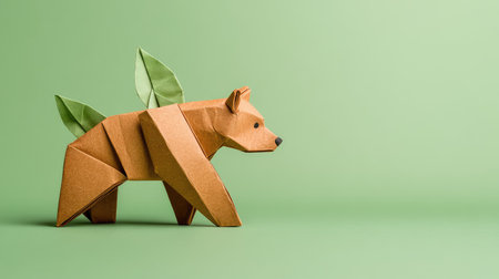 This charming origami bear features elegant green leaves, set against a soft pastel background, representing creativity and the beauty of nature.の素材