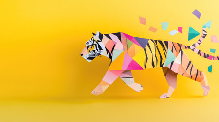 A vibrant and artistic representation of a paper tiger walking against a bright yellow background, surrounded by colorful geometric shapes, ideal for creative projects.の素材