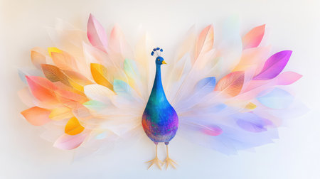 This captivating artwork features a peacock surrounded by a burst of colorful leaves in soft pastel tones, creating a serene and joyful atmosphere.の素材