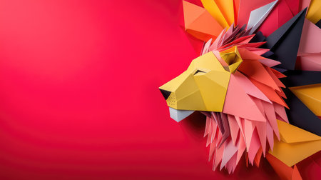This striking image showcases a lion head crafted from vibrant paper art featuring geometric shapes against a bold red backdrop, emphasizing creativity and visual appeal.の素材