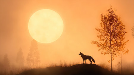 A stunning silhouette of a fox stands on a hill against a vibrant orange sun. The misty forest creates a tranquil atmosphere at dawn. Perfect for nature lovers.の素材