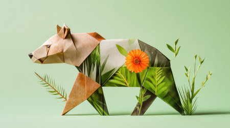 This artistic origami bear showcases intricate paper folding techniques with vibrant floral and leafy patterns, set against a serene green backdrop.の素材