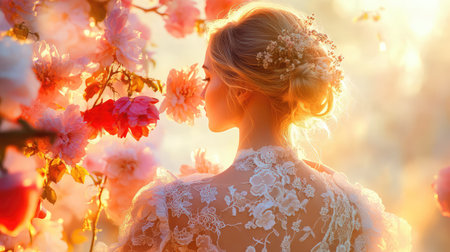 A graceful young woman stands amidst a stunning floral backdrop, exuding beauty and elegance in a lace dress, with soft warm light creating a dreamy atmosphere.の素材