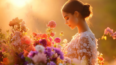 A serene portrait of a young woman in a floral dress, surrounded by an array of colorful flowers. The warm sunset light creates a magical and dreamy atmosphere.の素材