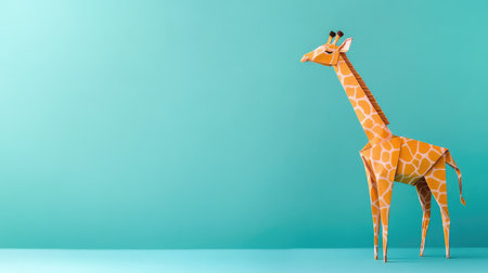 A vibrant paper giraffe stands majestically against a turquoise background. This playful and unique figurine showcases creativity in design and craftsmanship.の素材