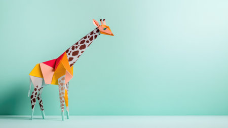 A whimsical paper giraffe figure showcasing vibrant colors and geometric shapes against a mint background. Ideal for child-themed decor or educational purposes.の素材