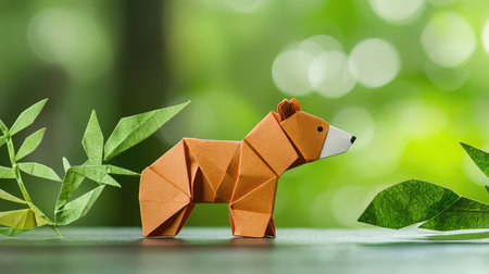 This enchanting origami bear sculpture stands out against a lush green backdrop, symbolizing creativity and the beauty of handcrafted paper art.の素材