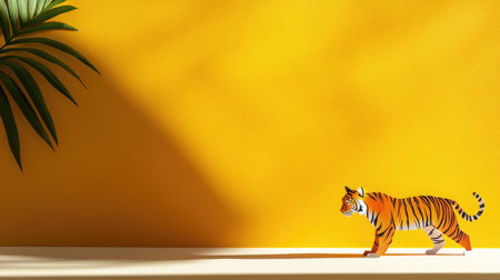 A striking paper model of a tiger on a white surface creates a playful scene against a bright yellow wall, enhanced by a lush green leaf shadow.の素材