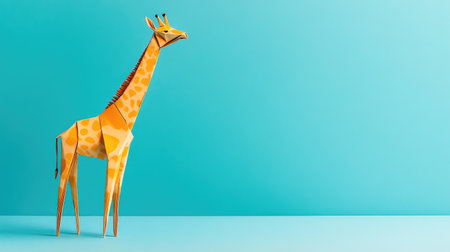 Stunning paper origami giraffe stands elegantly against a vibrant turquoise backdrop. Perfect for creative projects, educational materials, or playful decor.の素材