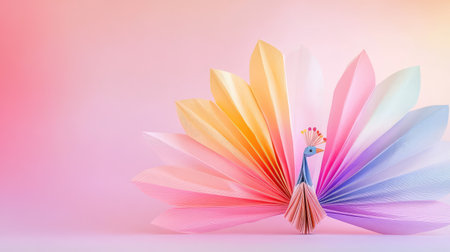 This image features a beautifully crafted paper peacock with vibrant colors, showcasing artistic creativity against a soft pastel background.の素材