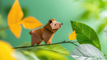 This charming origami bear is crafted from paper, presenting a playful scene among vibrant green and yellow leaves, showcasing creativity and nature.の素材