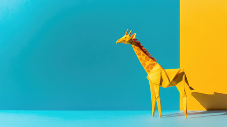 This vibrant image features a colorful origami giraffe placed against a bright blue and yellow background, creating a playful and artistic atmosphere.の素材