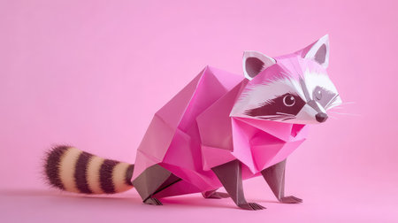 A charming pink origami raccoon stands out against a bright pink backdrop, highlighting artistic creativity and the joy of paper crafting. This playful illustration is perfect for conveying fun and whimsy in design projects.の素材