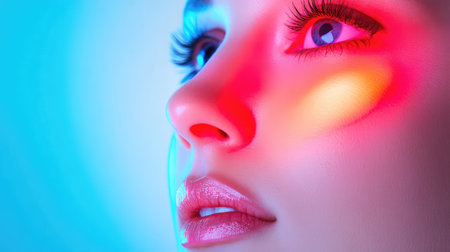 This stunning close-up features a woman's face illuminated by vivid light effects, showcasing beauty and captivating colors that inspire creativity.の素材