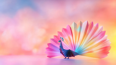 This stunning image showcases a colorful paper peacock model with vibrant fanned feathers, set against a dreamy gradient background, exuding artistic charm.の素材