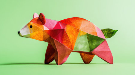 This vibrant paper art sculpture features a stylized animal in bright colors and geometric shapes, perfect for creative projects and decoration.の素材