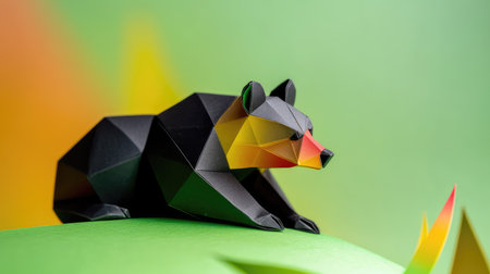 This captivating paper sculpture of a bear features a geometric design with vibrant colors. Set against a bright background, it creates a whimsical feel and adds artistic flair to any project.の素材