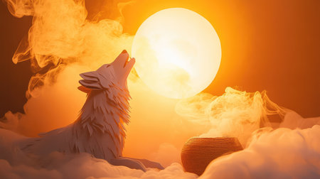 Captivating image of a howling wolf silhouette set against a radiant orange sun, surrounded by swirling smoke and clouds, evoking a serene, dreamlike atmosphere.の素材