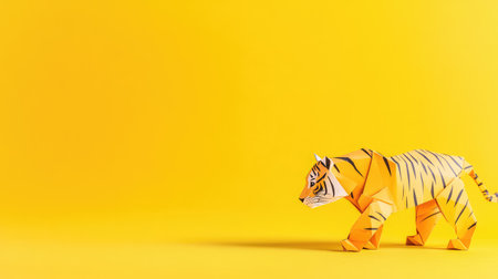 This captivating origami tiger features vibrant colors and intricate folds, set against a bright yellow background, perfect for creative projects and art displays.の素材