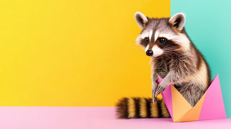 This delightful image features a raccoon sitting in a colorful paper box against a vibrant background of pink, yellow, and teal, perfect for cheerful themes.の素材
