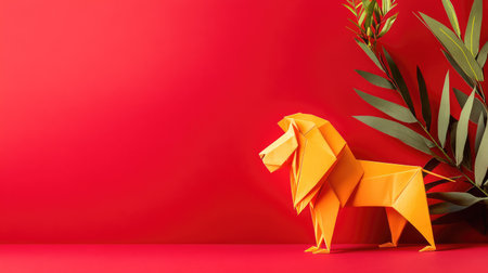 This striking origami lion stands on a vibrant red background, complemented by tropical greenery, creating a captivating visual ideal for artistic projects.の素材