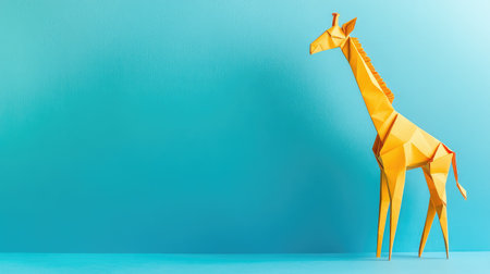 A beautifully crafted origami giraffe figure in cheerful yellow standing against a vibrant blue background, perfect for creative projects and playful dの素材
