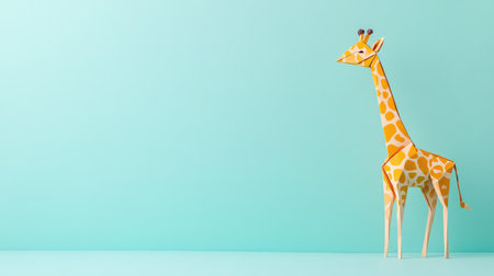 A vibrant paper origami giraffe stands against a calming pastel blue background, symbolizing creativity and crafting. Ideal for playful or artistic themes.の素材