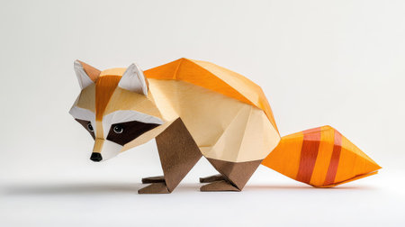 This captivating low-poly paper art illustration showcases a playful fox, featuring striking orange and brown colors against a clean white background.の素材