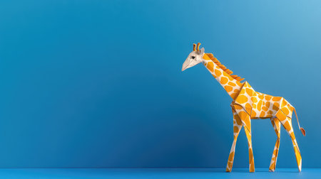 A charming paper model of a giraffe with vibrant colors and playful features, perfect for educational materials or artistic projects, set against a blue backdrop.の素材