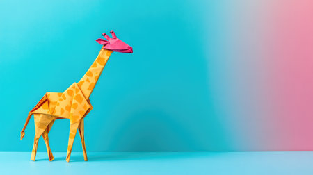 A whimsical origami giraffe crafted from colorful paper, set against a smooth pastel gradient background of blue and pink hues, ideal for artistic projects.の素材